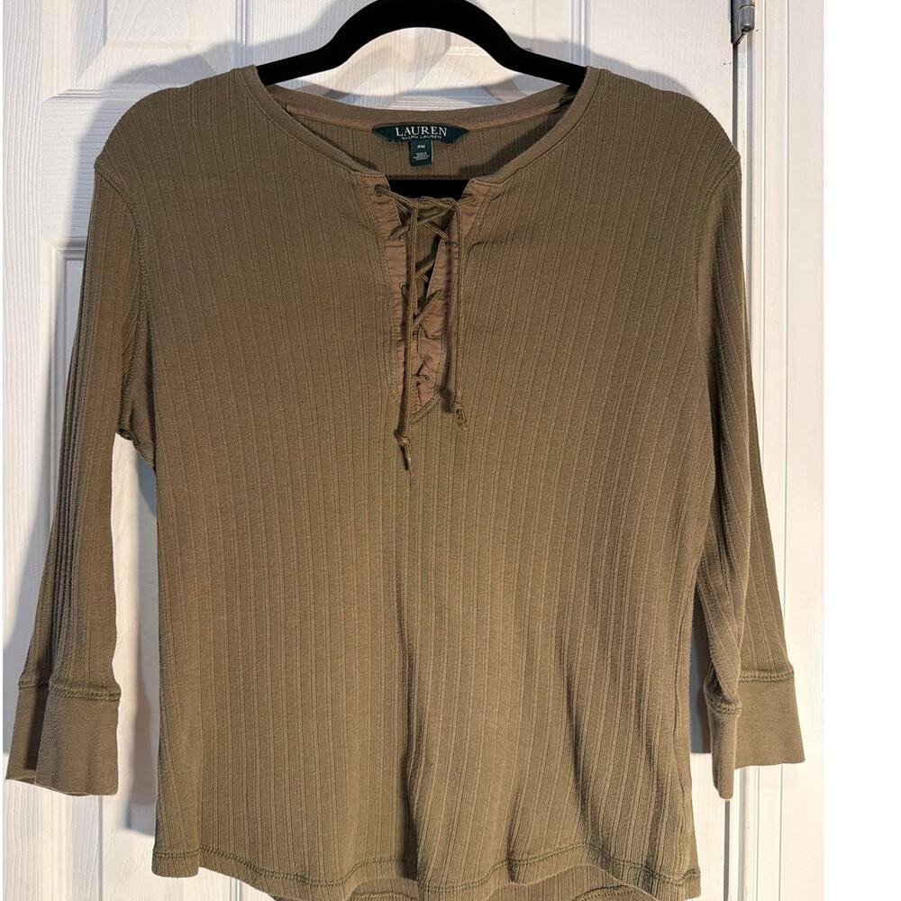Lauren Ralph Lauren Olive Ribbed Lace-up Henley top, Size PM
